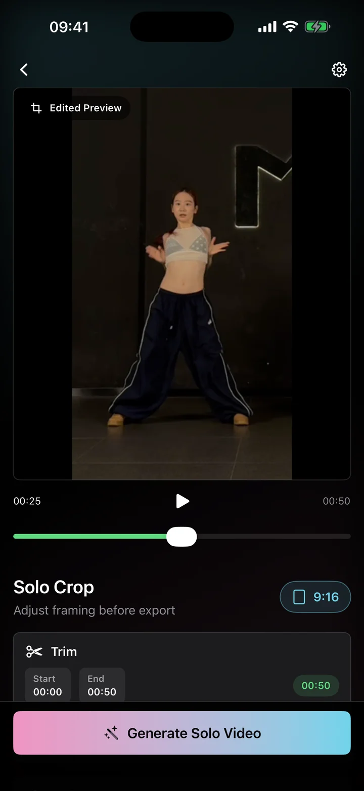 A real SoloDance AI editing screen showing a solo dancer in a portrait crop
